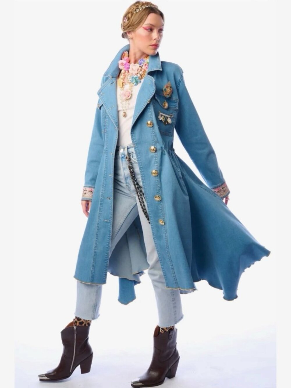 Aratta Monte Carlo Denim Hi-Low Long Coat Blue Decorative Brooch Size S M L - Picture 3 of 15